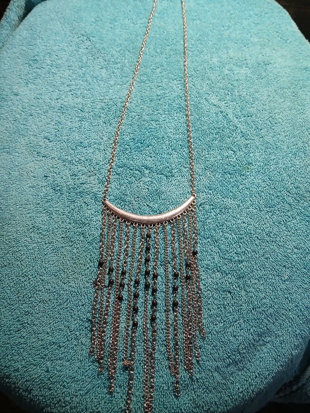 Silver Fringe Pendant Necklace with Black Bead Accents